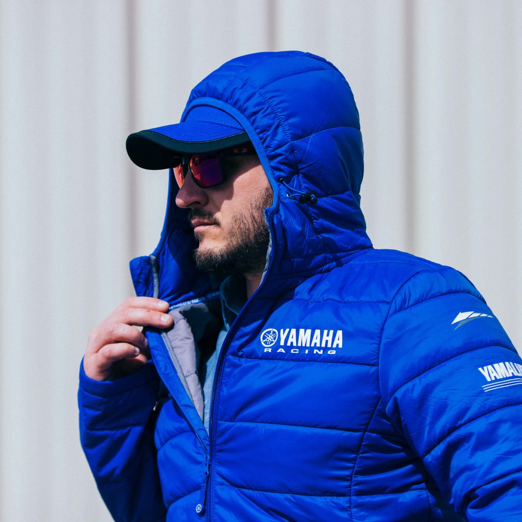 Model wearing the Custom Yamaha Blue Puff Jacket