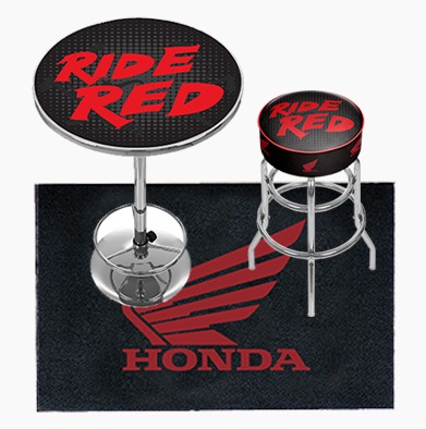 Honda Powersports RIDE RED Branded shop stool, table, and floor mat