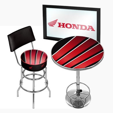 Honda Powersports branded shop stool, table, and floor mat