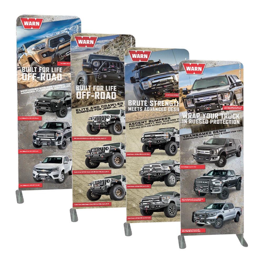 Custom WARN standing banners enhance the visibility of the product.